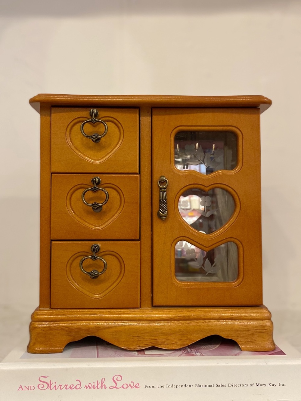 Vintage Wooden Jewelry Armoire Cupboard with Window Etched Details